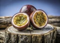 Stunning CloseUp of a Passion Fruit Half Resting on a Weathered Gray Stump Panoramic View Against a Pristine Royalty Free Stock Photo