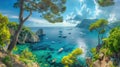 Captivating Panoramic Sea View of Capri Island with Boats, Lush Pine Trees, Azure Waters and Blue Sky Royalty Free Stock Photo