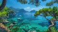 Captivating Panoramic View of Capri Island, Boats, and Azure Waters Framed by Lush Pine Trees and Blue Sky Royalty Free Stock Photo