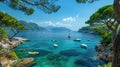 Captivating Panoramic View of Capri Island, Boats, Pine Trees, and Azure Waters under Blue Sky Royalty Free Stock Photo