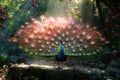 Captivating peacock display, vivid ultra wide angle photorealistic plumage spotlight