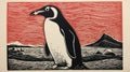 Captivating Penguin Linocut With Iceberg And Red Sky