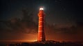 Beacon of Strength: A Red and White Lighthouse Braving a Heavy Storm at Night