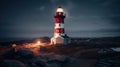 Guiding Light in the Storm: A Red and White Lighthouse Defying the Night Tempest Royalty Free Stock Photo