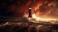 Battling the Elements: A Red and White Lighthouse Defies the Heavy Storm at Night Royalty Free Stock Photo