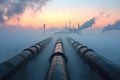 A captivating photo capturing the sight of a huge pipe rising from a misty sky, A foggy dawn breaking over industrial pipelines,