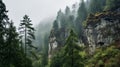 Majestic Crag Landscape With Deciduous Trees In Rainy Weather
