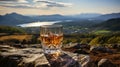 malt whisky in a whisky glass, in the background a Scottish landscape