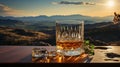 malt whisky in a whisky glass, in the background a Scottish landscape