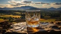 malt whisky in a whisky glass, in the background a Scottish landscape