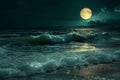 A captivating photo of a full moon casting its light over the ocean, highlighting the crashing waves, A midnight scene of tranquil Royalty Free Stock Photo