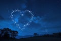 A captivating photo of a heart shaped cloud surrounded by stars in the mesmerizing night sky, A heart-shaped constellation in the