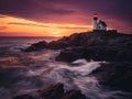 Lighthouse Silhouette at Dusk on a Rocky Coastline Royalty Free Stock Photo