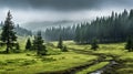 Captivating Photo Of Rainy Steppe With Deciduous Trees And Firs