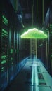 Captivating photo of servers illuminated by green neon light with data streams in the digital realm Royalty Free Stock Photo