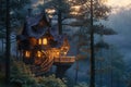 This captivating photo showcases a charming tree house nestled amidst the lush greenery of an enchanting forest, A cozy tree house