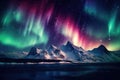 Captivating photo showcasing the awe-inspiring Aurora Borealis dancing above a majestic mountain range, The northern lights over a