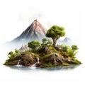 Semi-realistic Grass Volcano Scene On White Background
