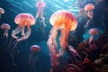 Captivating photo showcasing a mesmerizing group of jellyfish gracefully swimming in an inviting aquarium environment, View of