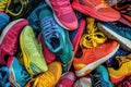 A captivating photo showcasing a vibrant pile of assorted colorful shoes stacked on top of each other, A jumbled pile of athletic