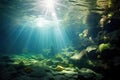 Captivating photo of the sun shining through the crystal-clear water in a mesmerizing cave, Underwater sunlight through the water