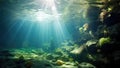 Captivating photo of the sun shining through the crystal-clear water in a mesmerizing cave, Underwater sunlight through the water