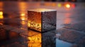 Night Reflections: The Glimmering Metallic Cube on Rain-Soaked Asphalt