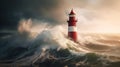 Storm\'s Beacon: A Red and White Lighthouse Braving the Tempest