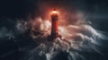 Guiding Light: A Red and White Lighthouse Braving the Night\'s Intense Storm Royalty Free Stock Photo