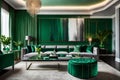 Beautiful Emerald Green and Grey living room interior - AI Generated