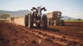 Sunny Day Serenity: Red Tractor Plowing Field with Grazing Cows Royalty Free Stock Photo