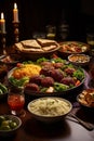 Exquisite Middle Eastern Iftar Feast on a Symmetrical Wooden Dining Table