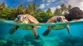 Graceful Synchrony: Majestic Sea Turtles in Vibrant Coral Reef