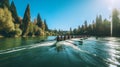 Energetic Business Rowers Embracing Unity on Serene Lake