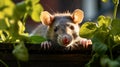 Curious Rat Peeking Through Ivy-Covered Hole in Rustic Brick Wall