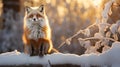 Curious Red Fox Observing Snowy Avian Encounter in Enchanting Winter Forest Royalty Free Stock Photo