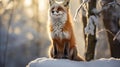 Curious Red Fox Observing Snowy Avian Encounter in Enchanting Winter Forest Royalty Free Stock Photo