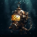 Ethereal Dive: Suspended Diving Helmet in Enigmatic Deep-Sea Ambiance