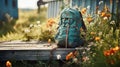 Serene Journey: Worn Teal Backpack Amidst Wildflowers