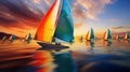 Vibrant Sunset Sailboat Race: Colorful Sails on Sparkling Ocean