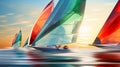 Vibrant Sunset Sailboat Race: Colorful Sails on Sparkling Ocean Royalty Free Stock Photo