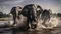 Majestic Elephants Splashing in African Savannah