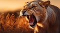 Majestic Lioness Roaring in Golden Savannah at Sunset Royalty Free Stock Photo