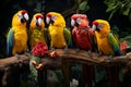 Vibrant Parrot Gathering in Lush Tropical Forest