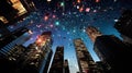 Vibrant Night Sky: Abstract Fireworks Illuminate Urban Landscape Royalty Free Stock Photo