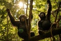 Graceful Play: Chimpanzees Swinging in Lush Rainforest