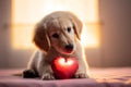 Enthusiastic Golden Retriever Puppy Playing with Heart-Shaped Toy