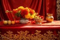 Morning Glow: Vibrant Chinese New Year Altar Table in Traditional Temple Royalty Free Stock Photo