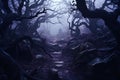 Enigmatic Midnight Forest: Gnarled Trees, Eerie Moonlight, and Mystical Foliage