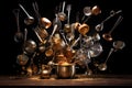 Dynamic Culinary Clash: Metallic Utensils in Mid-Flight